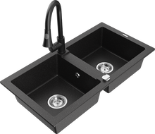Mexen Mario гранитна мивка с 2 корита и кухненски смесител Elia, черен/сребрист металик - 6504-73-670101-70