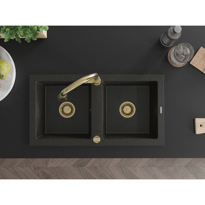 Mexen Mario гранитна кухненска мивка с 2 отделения с кухненски смесител Elia,