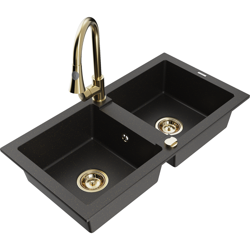 Mexen Mario гранитна кухненска мивка с 2 отделения с кухненски смесител Elia,