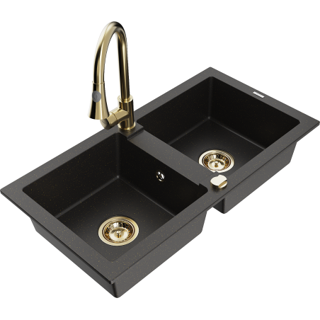 Mexen Mario гранитна кухненска мивка с 2 отделения с кухненски смесител Elia,