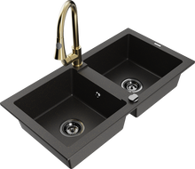 Mexen Mario гранитна кухненска мивка с 2 отделения и кухненски смесител Elia, черен/златен металик - 6504-75-670101-50-B