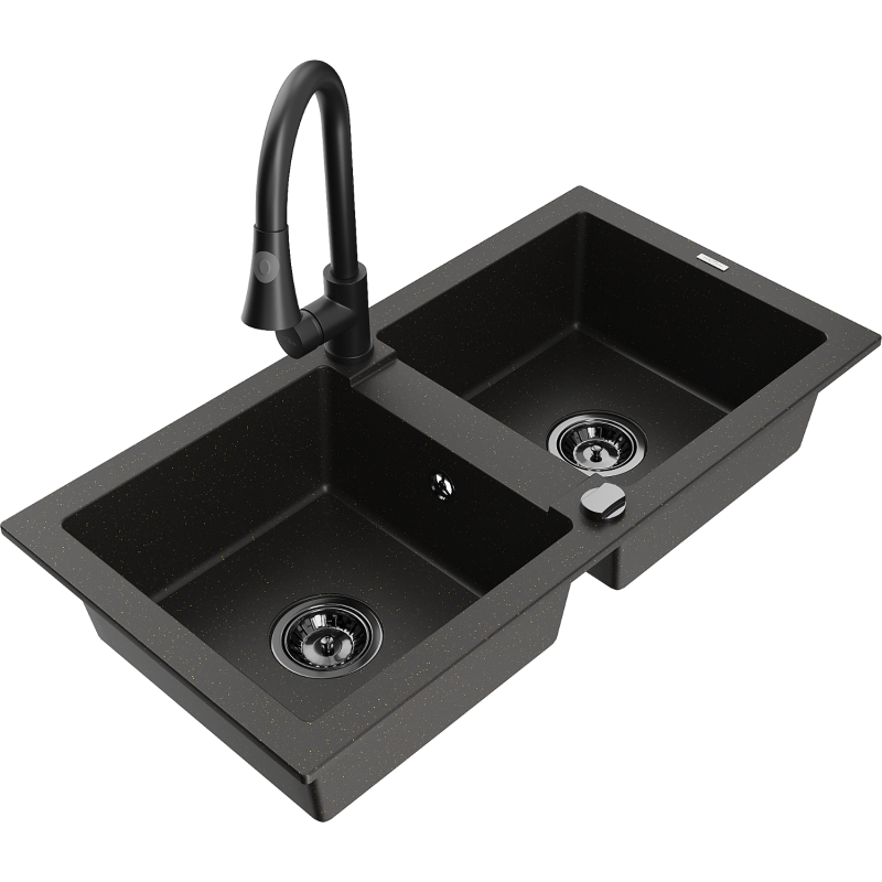 Mexen Mario гранитна мивка с две камери с кухненски смесител Elia,