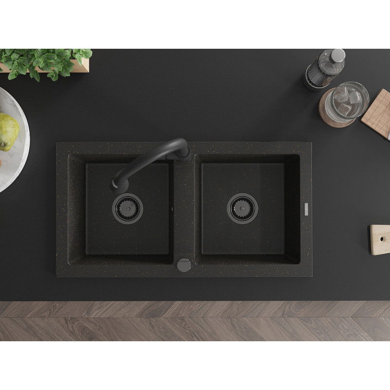 Mexen Mario гранитна мивка с 2 отделения с кухненски смесител Elia, черен петнист - 6504-76-670101-70-B