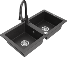 Mexen Mario гранитна кухненска мивка с 2 отделения и кухненски смесител Elia, черен на пръски - 6504-76-670101-76