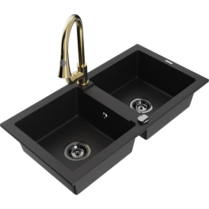 Mexen Mario гранитна мивка с 2 корита и кухненски смесител Elia, черен