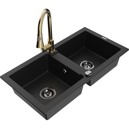 Mexen Mario гранитна мивка с 2 корита и кухненски смесител Elia, черен