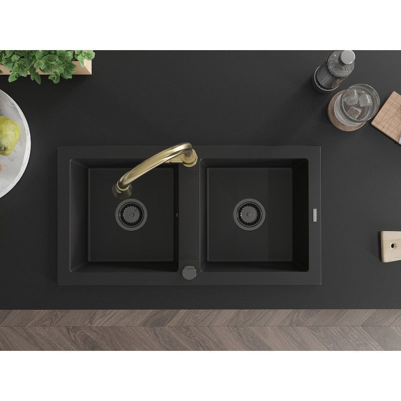 Mexen Mario гранитна мивка с 2 корита и кухненски смесител Elia, черен