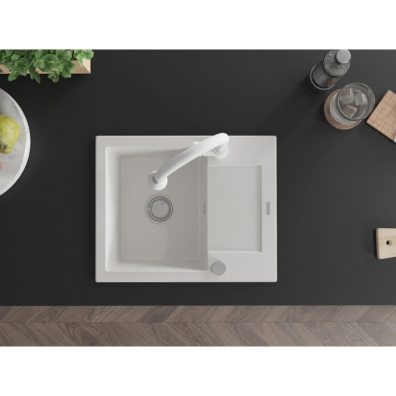 Mexen Enzo гранитна мивка с 1 отделение с отцедник и кухненски смесител Elia, бял - 6506-20-670101-20