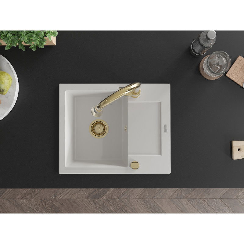 Mexen Enzo кухненска мивка от гранит с 1 купа, сушилня и кухненски смесител Elia, бял - 6506-20-670101-50