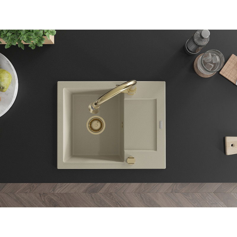 Mexen Enzo кухненска мивка от гранит с 1 гнездо и сушилник и кухненски смесител Elia, бежов - 6506-69-670101-50
