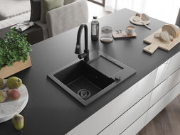 Mexen Enzo гранитна мивка с 1 отделение с отцедник и кухненски смесител Elia,