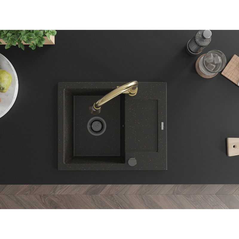 Mexen Enzo мивка от гранит с 1 отделение и отцедник и кухненски смесител Elia, черно/златен металик - 6506-75-670101-50-B