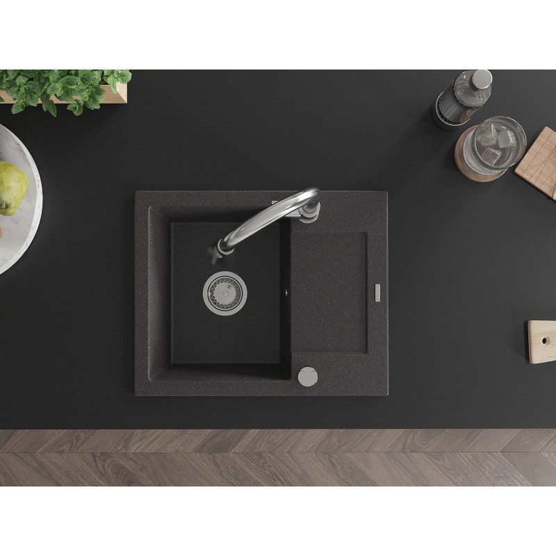Mexen Enzo гранитна мивка с 1 отделение с отцедник и кухненски смесител Elia, черен на пръски - 6506-76-670101-00