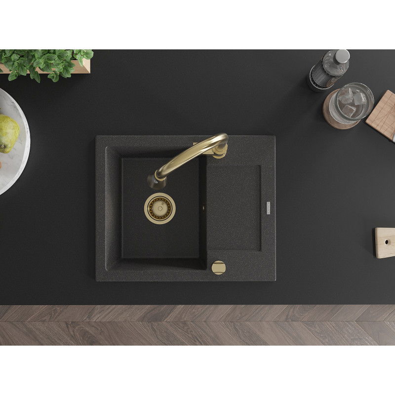 Mexen Enzo гранитна мивка с 1 камера и отцедник с кухненски смесител Elia, черен пъстрен - 6506-76-670101-50