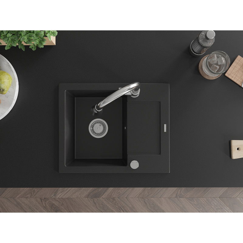 Mexen Enzo кухненска мивка от гранит с 1 отделение с отцедник и кухненски смесител Elia, черен - 6506-77-670101-00