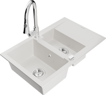 Mexen Gaspar гранитна мивка 1,5-камерна с отцедник и кухненски смесител Elia, бяла - 6507-20-670101-00