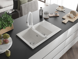 Mexen Gaspar гранитна мивка с 1,5 камери и отцедник и кухненски смесител Elia, бял - 6507-20-670101-20