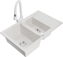 Mexen Gaspar гранитна мивка с 1,5 камери и отцедник и кухненски смесител Elia, бял - 6507-20-670101-20