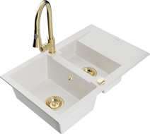 Mexen Gaspar кухненска мивка гранитна 1,5 камери с отцедник и кухненски смесител Elia, бял - 6507-20-670101-50