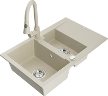 Mexen Gaspar гранитна мивка с 1,5 камери с отцедник и кухненски смесител Elia, бежов - 6507-69-670101-69
