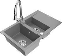 Mexen Gaspar гранитна мивка 1,5-каморова с отцедник и кухненски смесител Elia, сива - 6507-71-670101-00