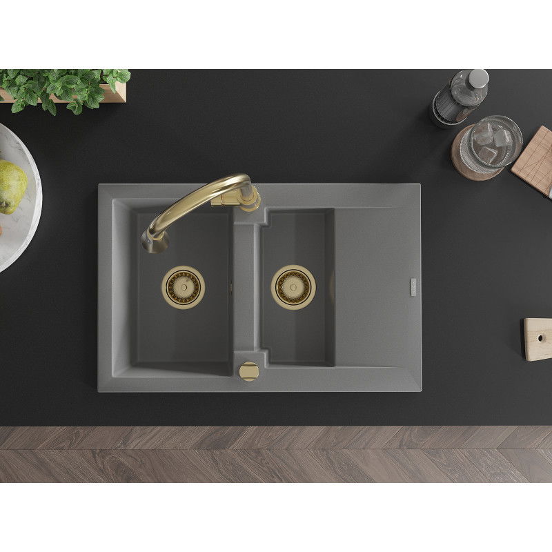 Mexen Gaspar гранитна мивка 1,5 камери със сушилник и кухненски смесител Elia, сив - 6507-71-670101-50