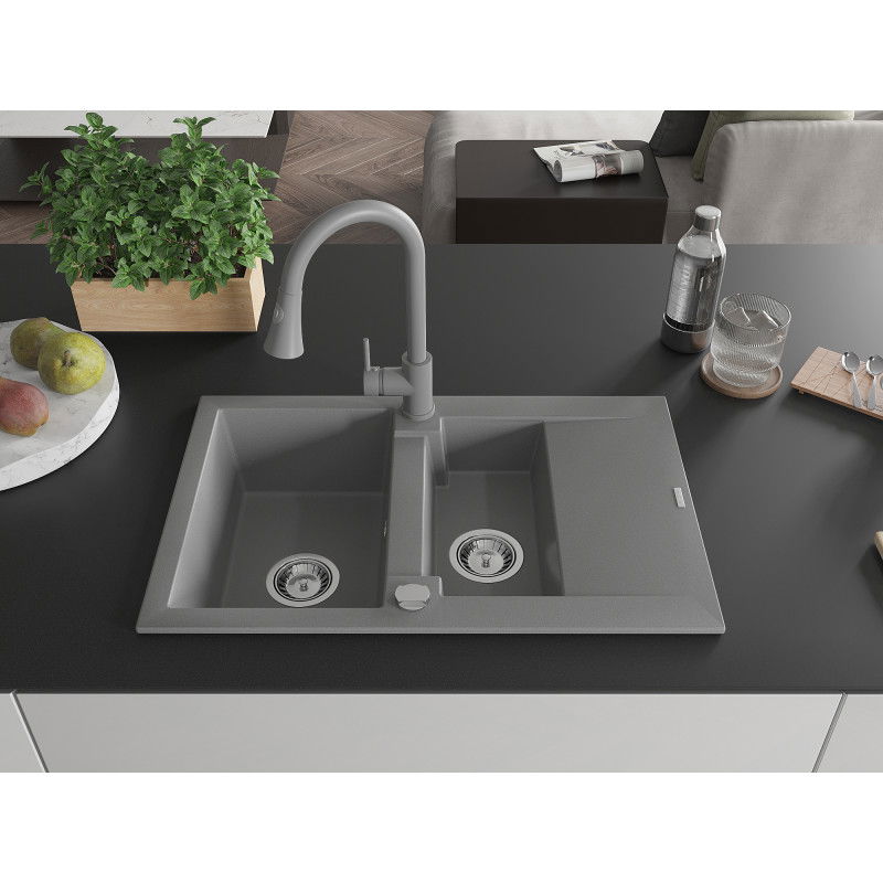 Mexen Gaspar гранитна мивка с 1,5 камери с отцеждащ се и кухненски смесител Elia, сив - 6507-71-670101-71