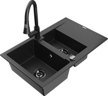 Mexen Gaspar гранитна мивка с 1,5 камери с отцедник и кухненски смесител Elia,