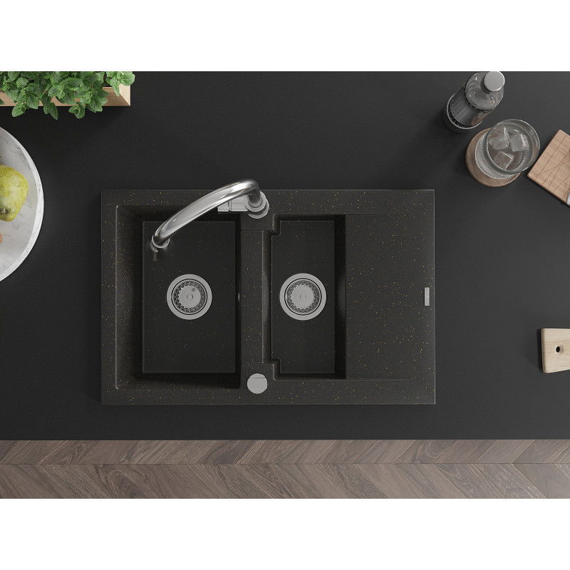 Mexen Gaspar гранитна мивка 1,5-камерна с плоча и кухненски смесител Elia, черно/златен металик - 6507-75-670101-00