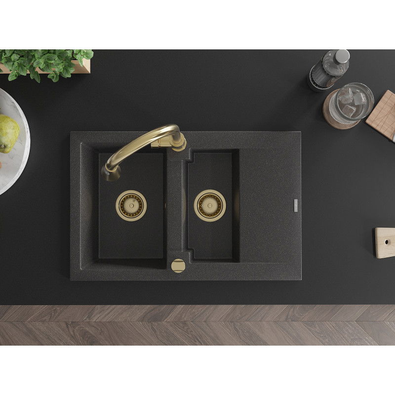 Mexen Gaspar гранитна мивка с 1,5 камери с отцедник и кухненски смесител Elia, черен на пръски - 6507-76-670101-50