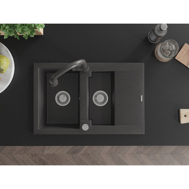 Mexen Gaspar гранитна мивка 1,5-камерна с дренаж и кухненски кран Elia, черно на точки - 6507-76-670101-76