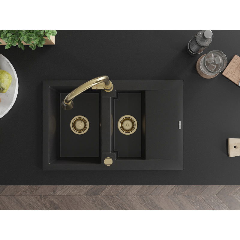 Mexen Gaspar гранитна мивка с 1,5 камери с отцедник и кухненски смесител Elia, черен - 6507-77-670101-50