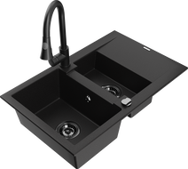 Mexen Gaspar гранитна кухненска мивка с 1,5 корита с отцедник и кухненски смесител Elia, черен - 6507-77-670101-70-B