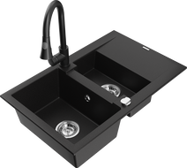 Mexen Gaspar гранитна мивка с 1,5 камери с отцеждаща дъска и кухненски смесител Elia, черен - 6507-77-670101-70
