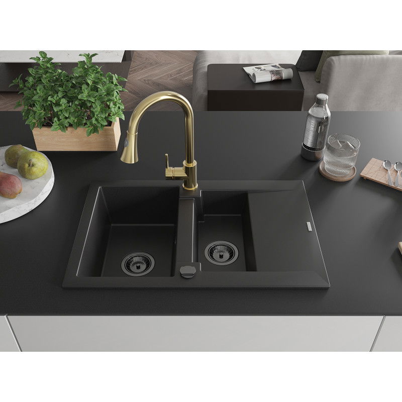 Mexen Gaspar гранитна мивка 1,5-камерна с отцедник и кухненски смесител Elia, черен - 6507-77-670101-50-B