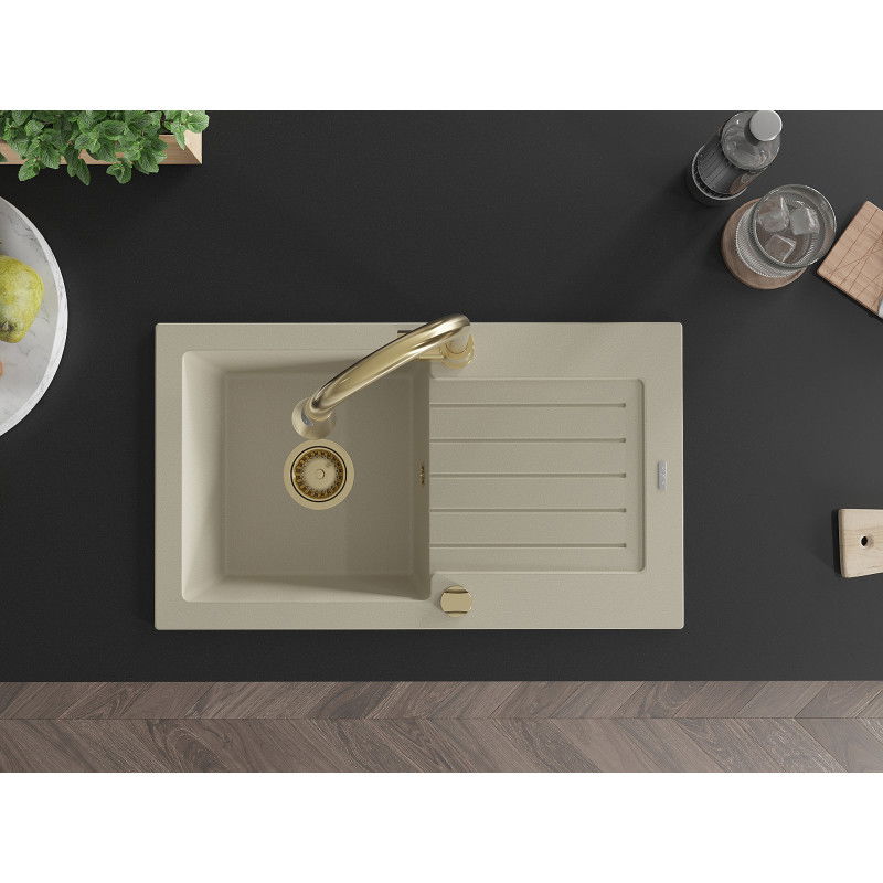 Mexen Pablo гранитна кухненска мивка 1-корпус с отцедник и кухненски смесител Elia, бежов - 6510-69-670101-50