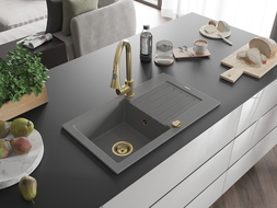 Mexen Pablo гранитна кухненска мивка с 1 корито, с отцедник и кухненски смесител Elia, сива - 6510-71-670101-50