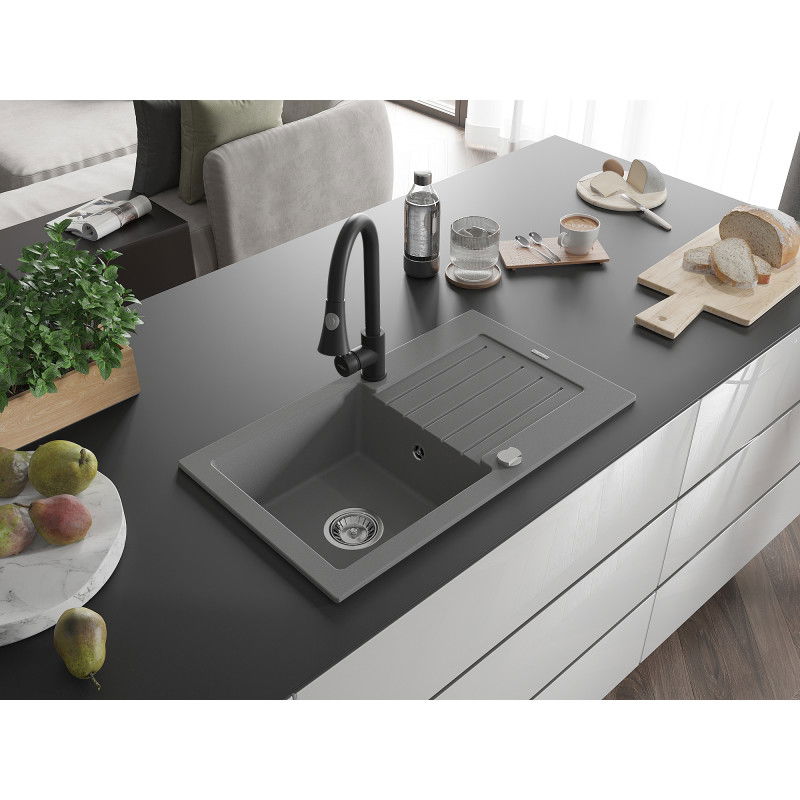 Mexen Pablo гранитна мивка с 1 камера с отцедник и кухненски смесител Elia, сив - 6510-71-670101-70