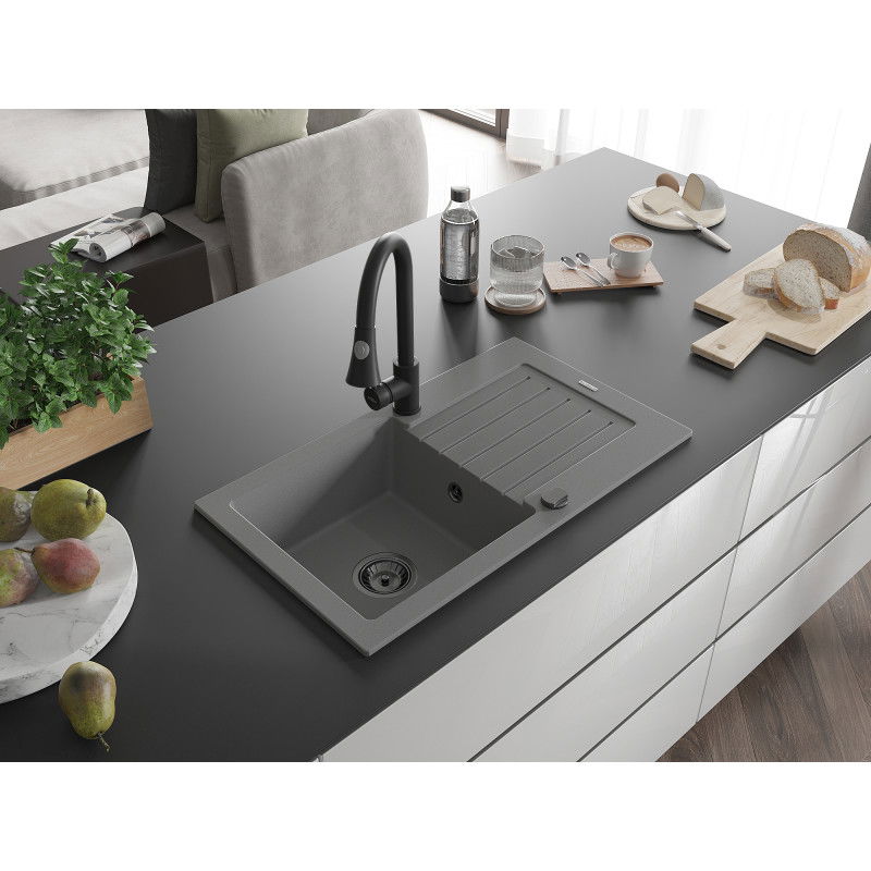 Mexen Pablo гранитна кухненска мивка с 1 отделение и отцедник, с кухненски смесител Elia, сива - 6510-71-670101-70-B