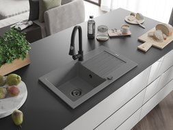 Mexen Pablo гранитна кухненска мивка с 1 отделение и отцедник, с кухненски смесител Elia, сива - 6510-71-670101-70-B