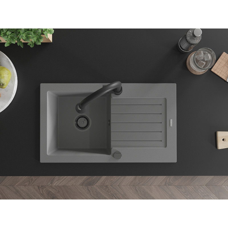 Mexen Pablo гранитна кухненска мивка с 1 отделение и отцедник, с кухненски смесител Elia, сива - 6510-71-670101-70-B
