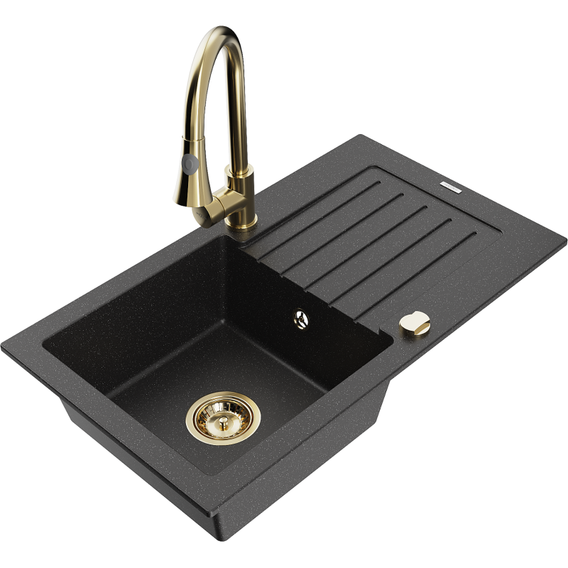 Mexen Pablo гранитна мивка с 1 корито с отцедник и кухненски смесител Elia,