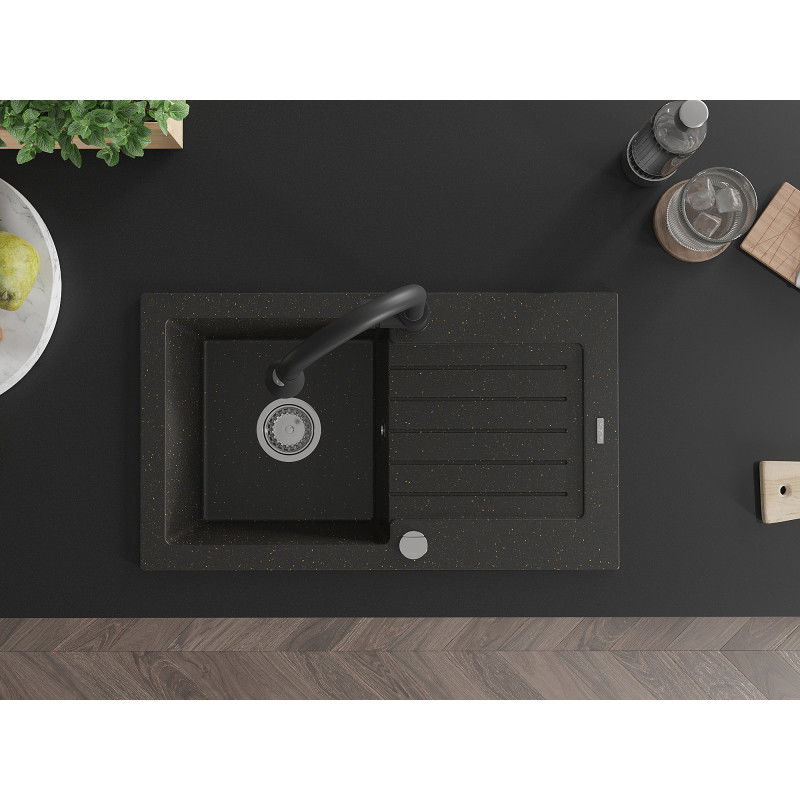Mexen Pablo гранитна мивка с 1 отделение, с отцедник и кухненски смесител Elia, черно/златен металик - 6510-75-670101-70