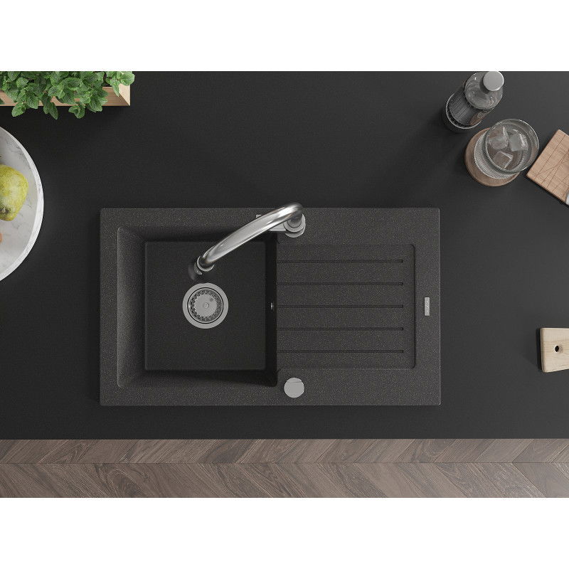 Mexen Pablo гранитна мивка с една камера и отцедник и кухненски смесител Elia, черен пъстър - 6510-76-670101-00
