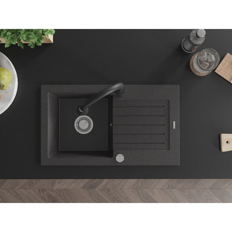 Mexen Pablo кухненска мивка от гранит 1-корпусова с отцедник и кухненски смесител Elia, черен на пръски - 6510-76-670101-70