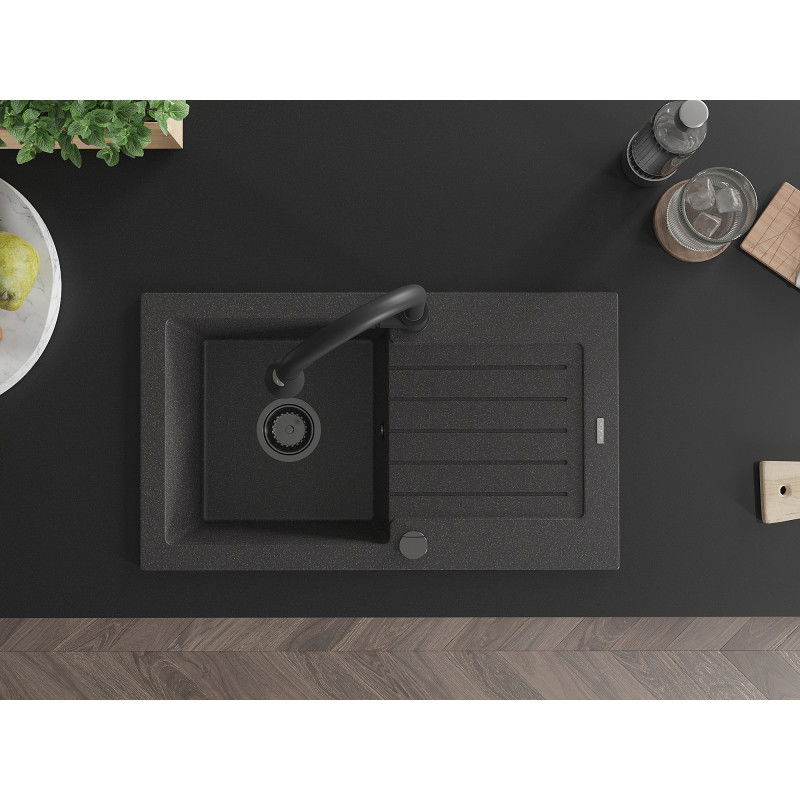 Mexen Pablo гранитна мивка с 1 отделение с отцедник и кухненски смесител Elia, черна напукана - 6510-76-670101-70-B