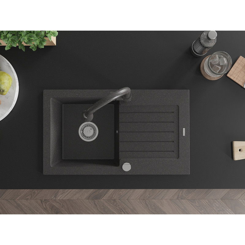Mexen Pablo гранитна мивка с 1 отделение с отцедник и кухненски смесител Elia, черен с точки - 6510-76-670101-76