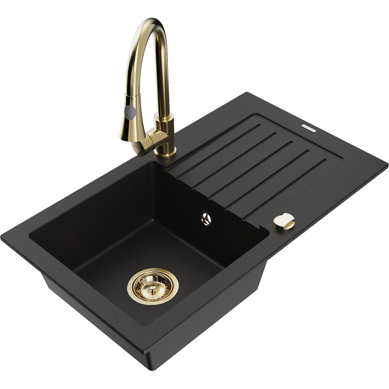 Mexen Pablo гранитна мивка с 1 камера с отцедник и кухненски смесител Elia,