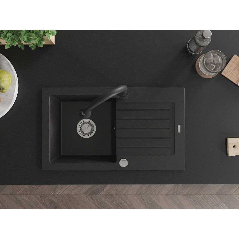 Mexen Pablo кухненска мивка от гранит с 1 отделение с дренаж и кухненски смесител Elia, черен - 6510-77-670101-70