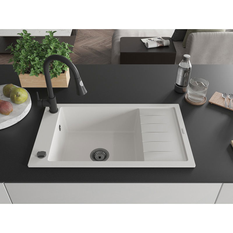 Mexen Elias гранитна мивка с 1 отделение с отцедник и кухненски смесител Elia, бял - 6511-20-670101-70